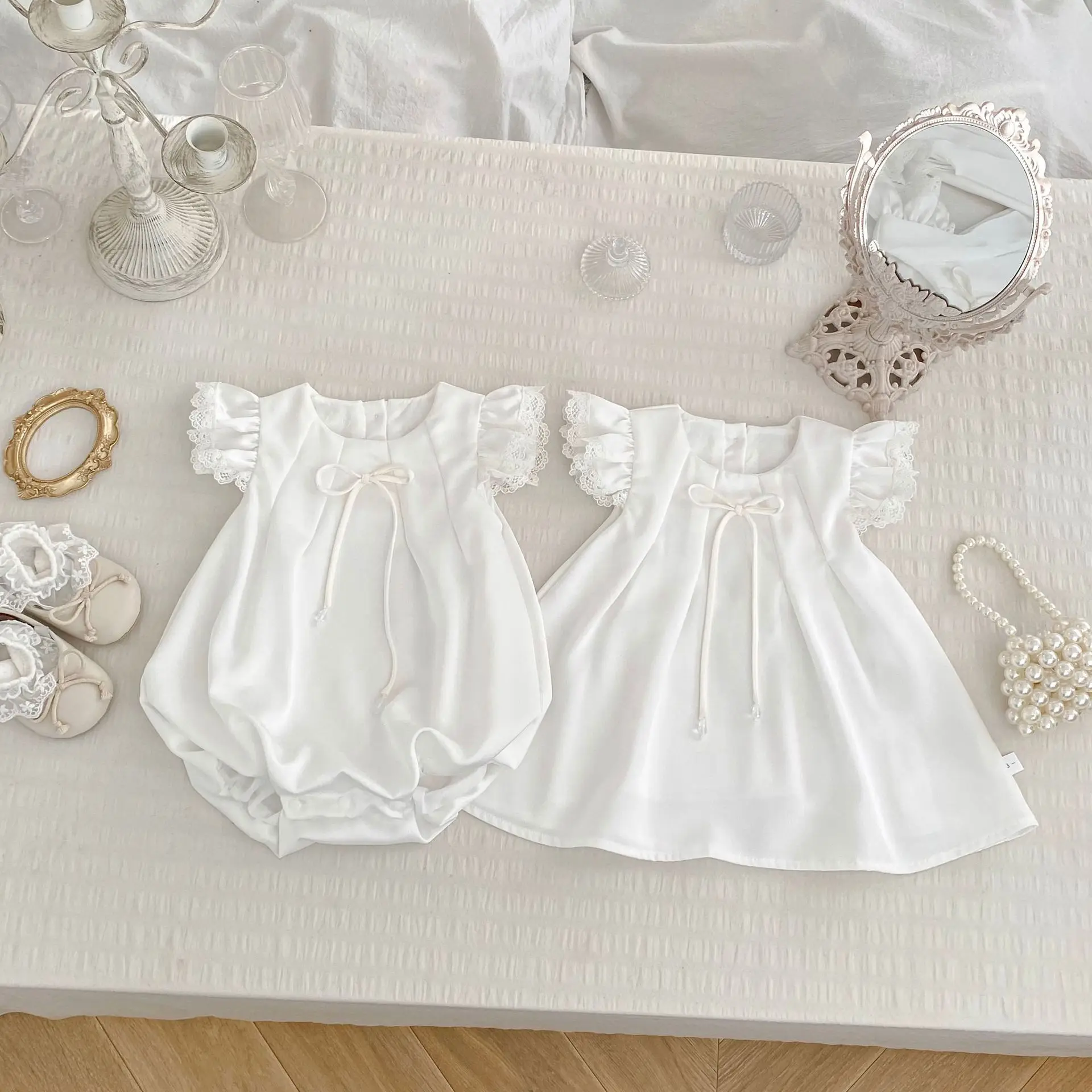 2026 Summer New Baby Girl Cute Flying Sleeve Bodysuit Solid Infant Girl Sweet Bow Princess Dress Cotton Toddler Jumpsuit 0-24M