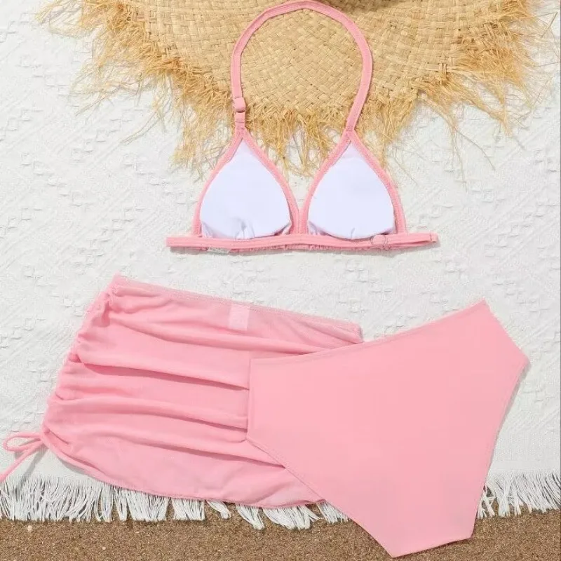 8-12Y Girls Bikini Swimsuit With Drawstring Beach Skirt Kids Swimsuit 3-pieces Biquini Infantil Swimming Suit for Children Teens