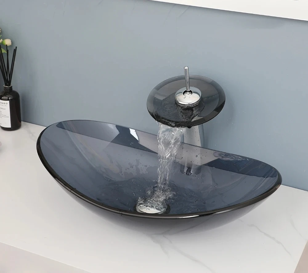 Oval Vanity Basin Sink Set Waterfall Spout Deck Mounted Faucet Mixer Tap With Pop-up Drain Kit Torayvino Bathroom Glass Tempered