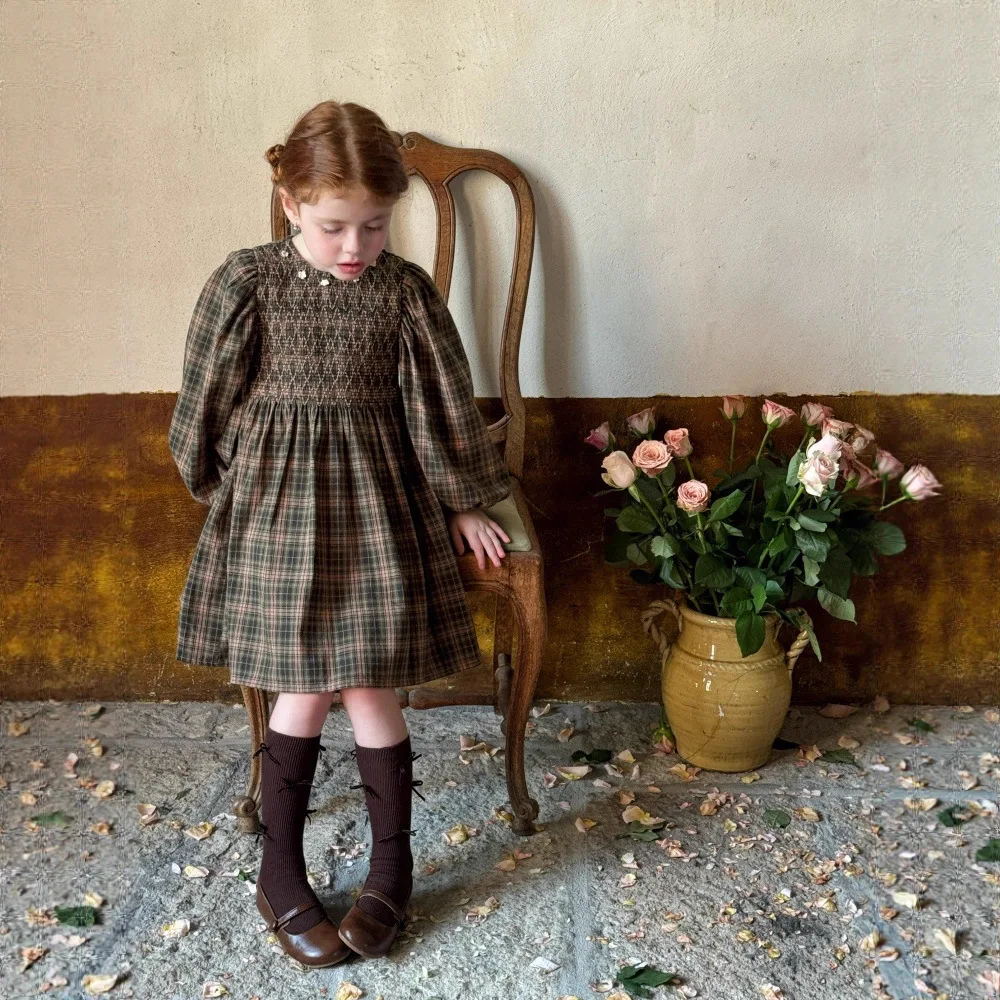 

Children 3-8Y Girls Dress Autumn Plaid Flower Embroidery Toddler Kids Princess Dress Retro Teenager Girls Long Sleeved Skirt