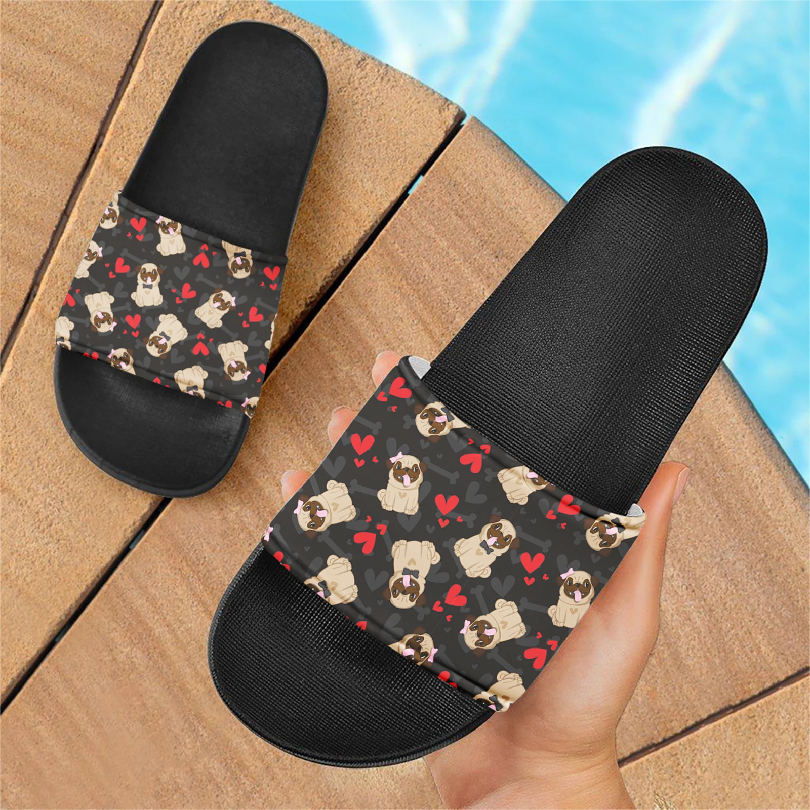 Cute Pug Heart Design Bathroom Shower Slippers Youth Light Casual Flat Slides Summer Adult Couple Beach Sandals Footwear Female