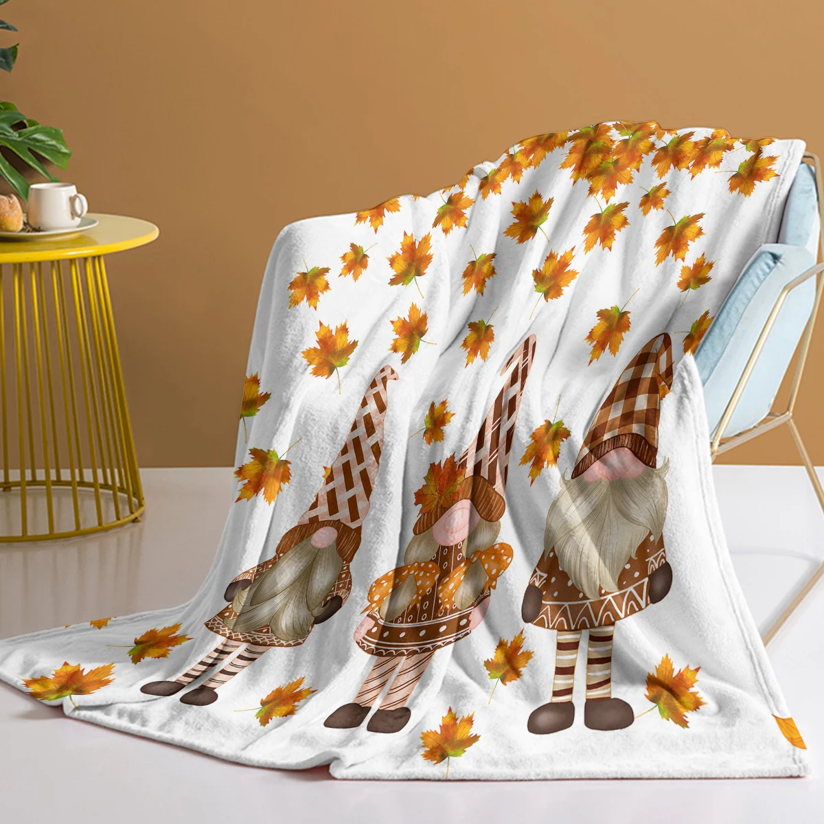 Three Dwarfs Yellow Leaves Print Blanket Autumn Theme Warm Cozy Soft Throw Blanket for All Season for Couch Sofa Bed