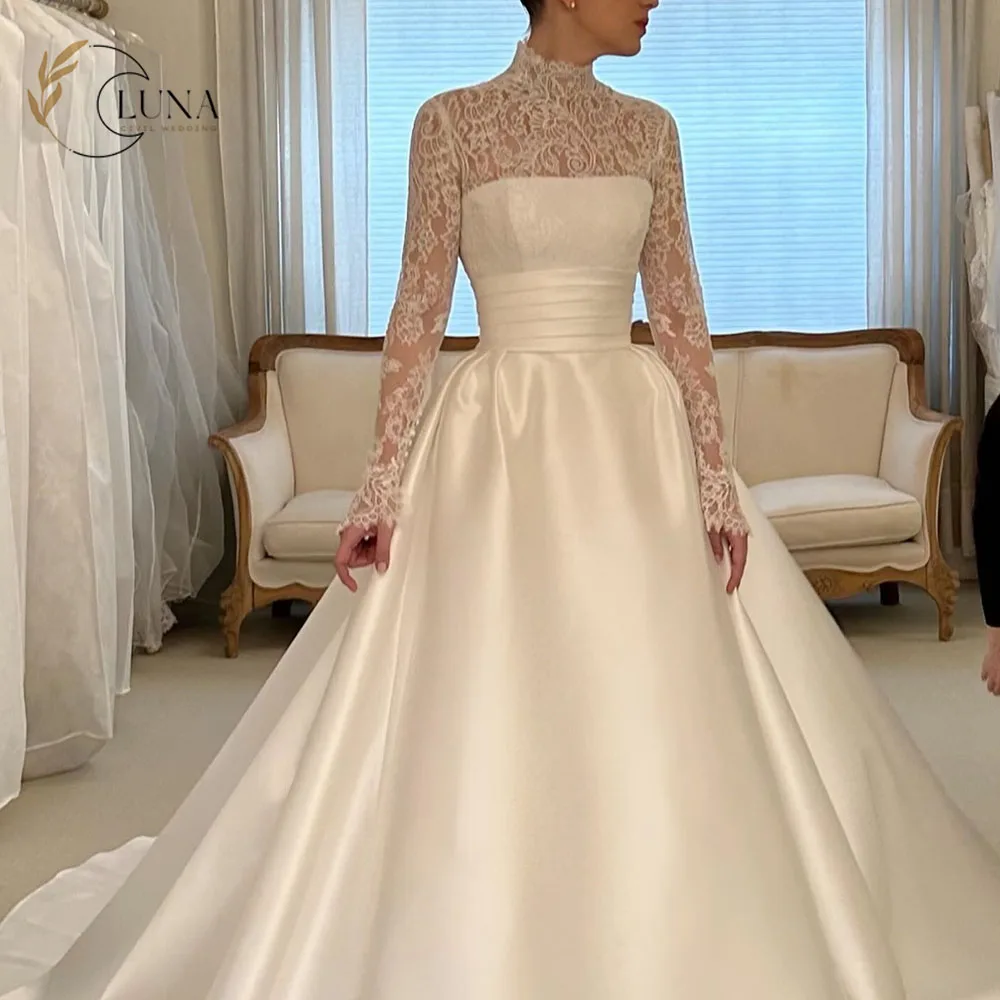 Luna Customized Elegant A Line Lace Wedding Dresses High Neck Long Sleeves Button Back Sweep Train Ruffle robe de mariee Bridal