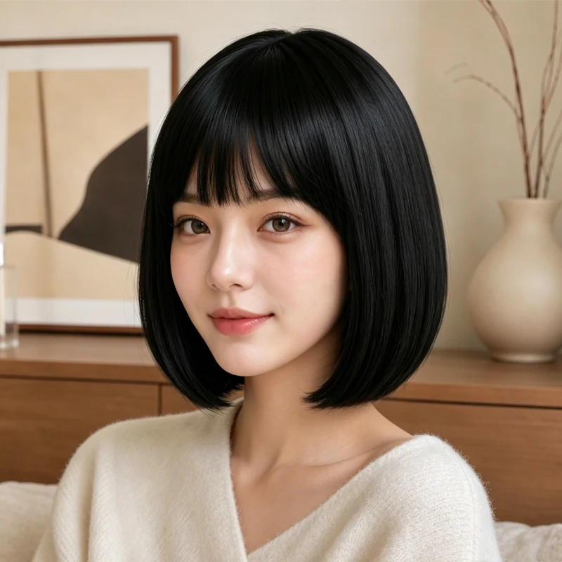 Women's everyday synthetic wig, 12 inches, black, lightweight and breathable, with flowing bangs, suitable for daily wear.