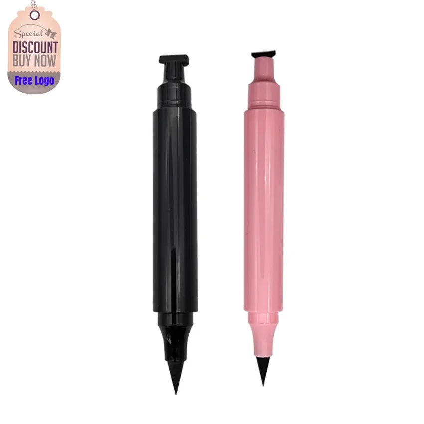 Double Head Waterproof Eyeliner Private Label Pink Tube Black Eye Liner Makeup Custom Logo Stamp Pen Wholesale