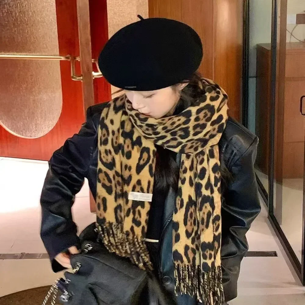 Szal Leopard Wzór Zimowy Ciepły Paszmina Luksusowe Kaszmirowe Chusty Modne Damskie Długie Koce Szaliki Frędzle