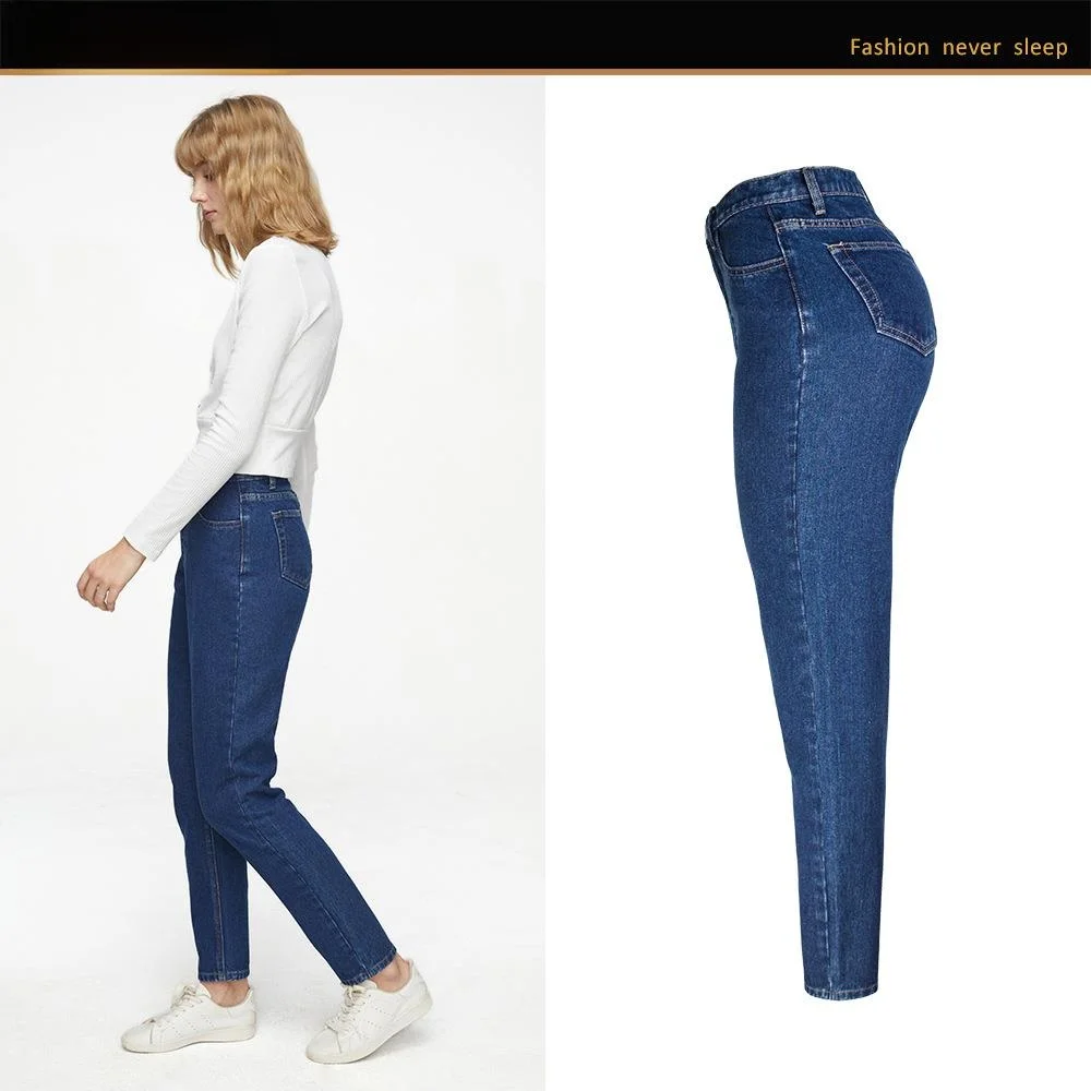 

Loose Women's Jeans Deep Blue Waist High Waist Straight Leg Cotton Casual Trousers Comfortable Fit Ladies Denim Pants