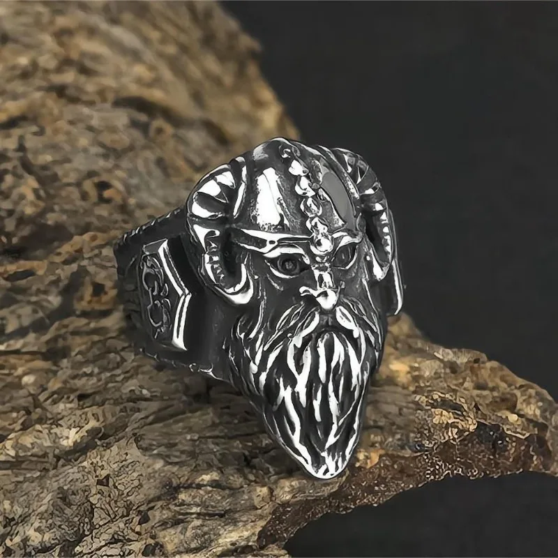 Men Viking Thor Hammer Ring Stainless Steel Vintage Hip‑Hop Ram Horn Helmet Warrior Design Daily Wear Finger Jewelry Accessory