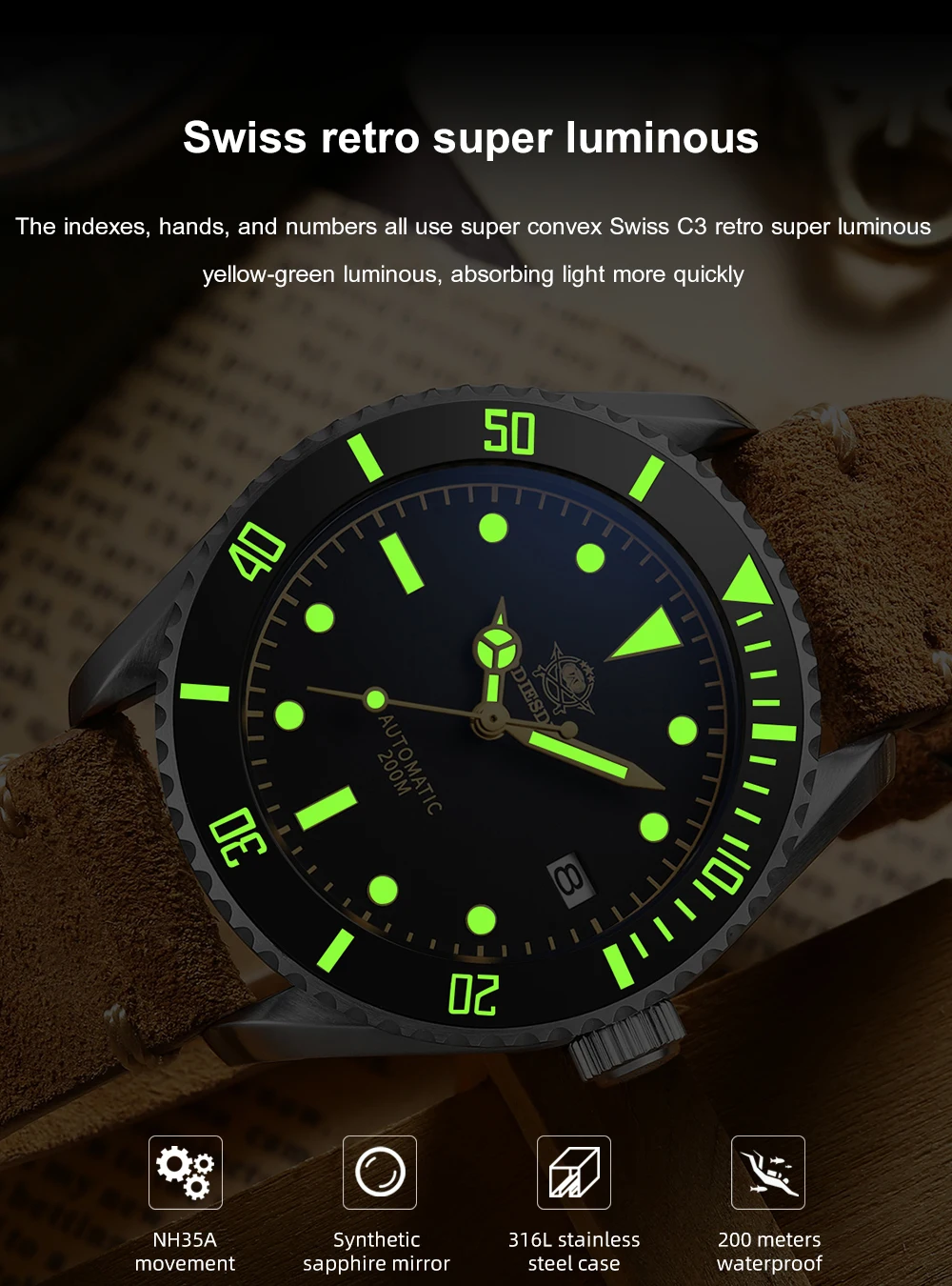 ADDIESDIVE Luxurious Men’s Watch 200M Waterproof Automatic Watches NH35 Luminous Ceramic Bezel Sapphire Wristwatches Steel Watch