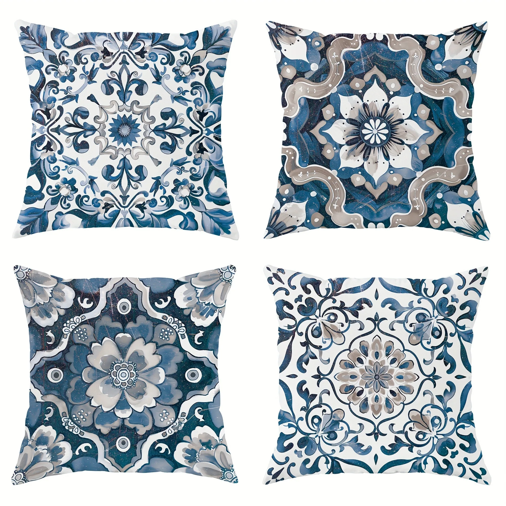 Funda de almohada con diseño Retro azul y blanco para decoración del hogar, funda de cojín de poliéster para sofá  sala de estar