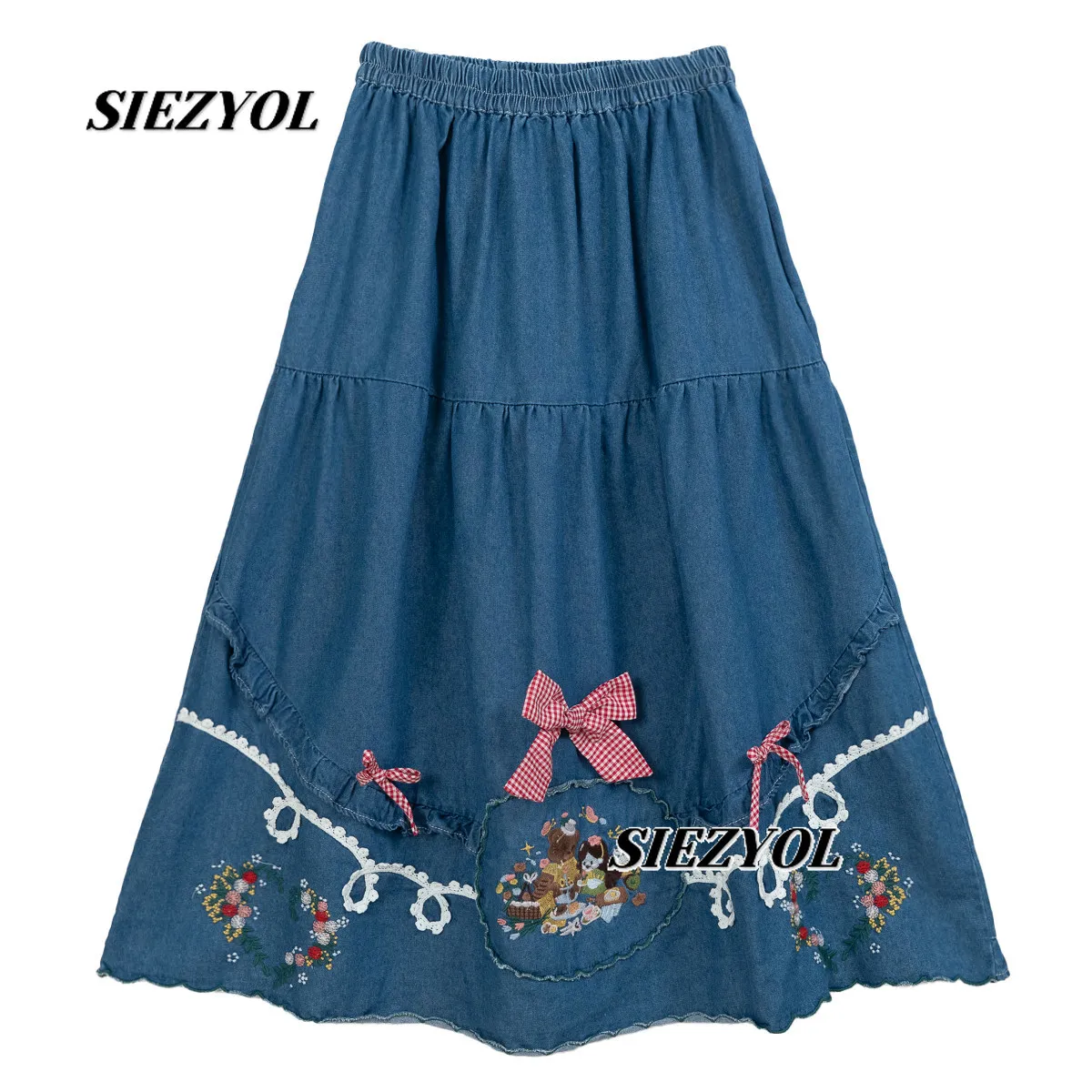 Cute Heavy Industry Embroidered Bow Denim Skirt Autumn New Fashion Versatile Sweet Girls Elastic High Waist Long Skirts