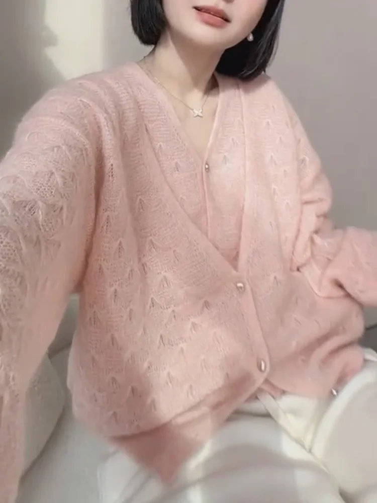 

Вязаный кардиган Ele V-Ne с ажурным узором, осенняя новинка, большие размеры, универсальный, стройнящий топ, премиум-класс, корейский стиль