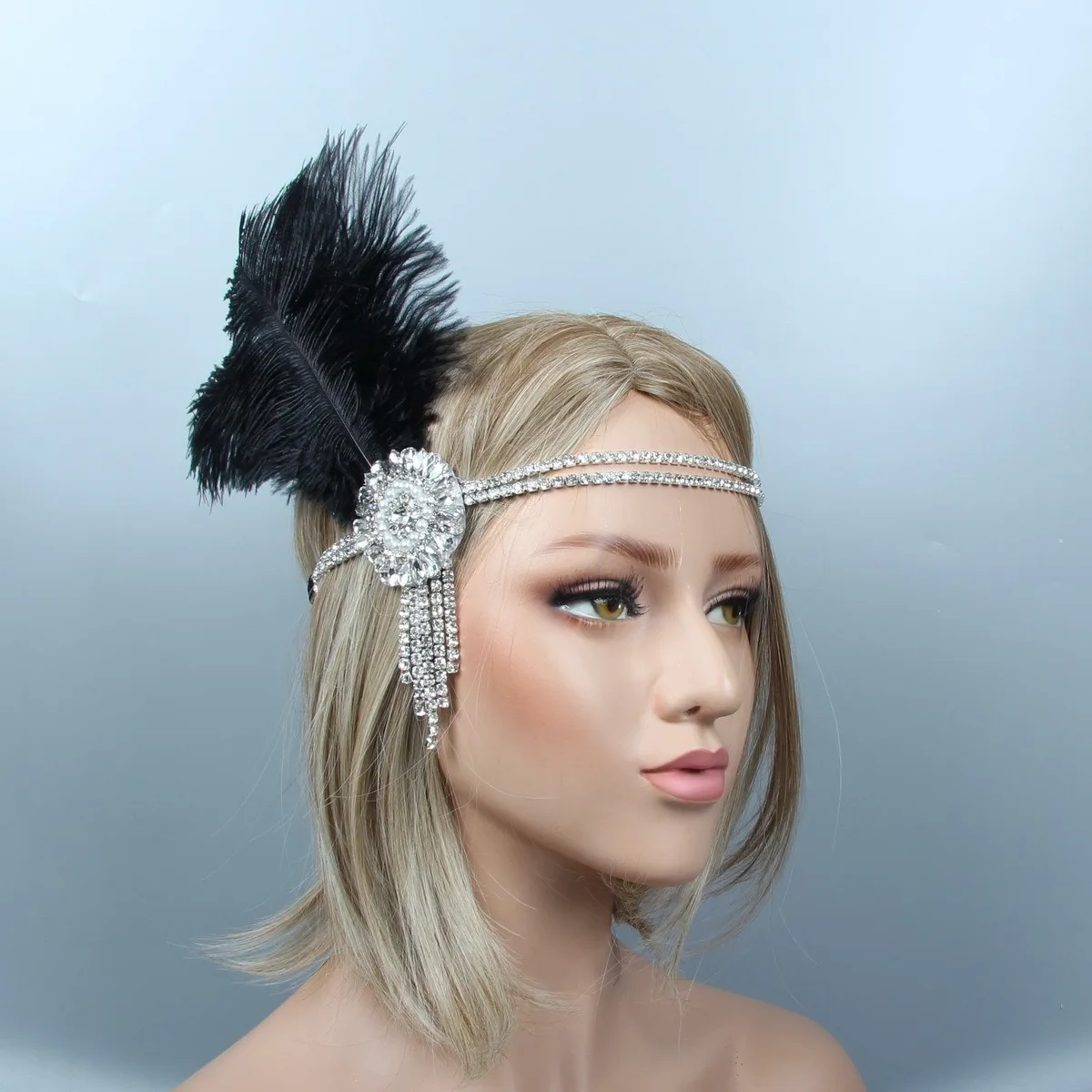 Hair Accessories For Women Girls Black Headband Rhinestone Sequin Vintage Party Headpiece Beaded Flapper Hair Feather Headband