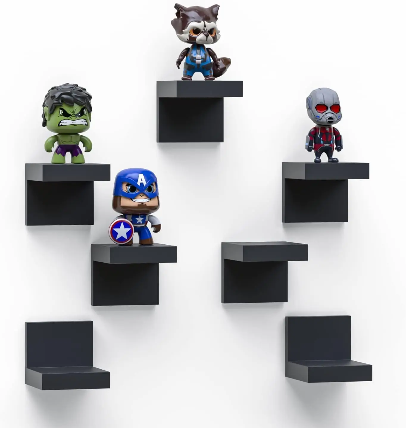 7-Pack Small Floating Shelves, Plastic Black Wall Display Ledges with Adhesive or Screw Installation for Room Decor