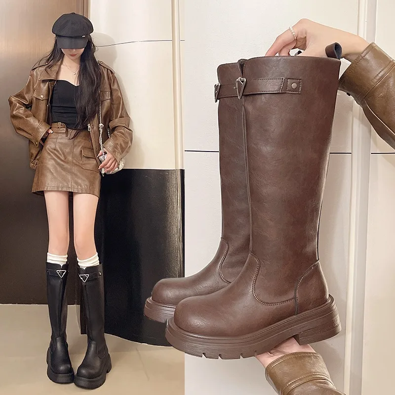 

Модные эластичные высокие сапоги на толстом каблуке, женские осенне-зимние рыцарские сапоги до колена больших размеров с круглым носком, резиновая подошва