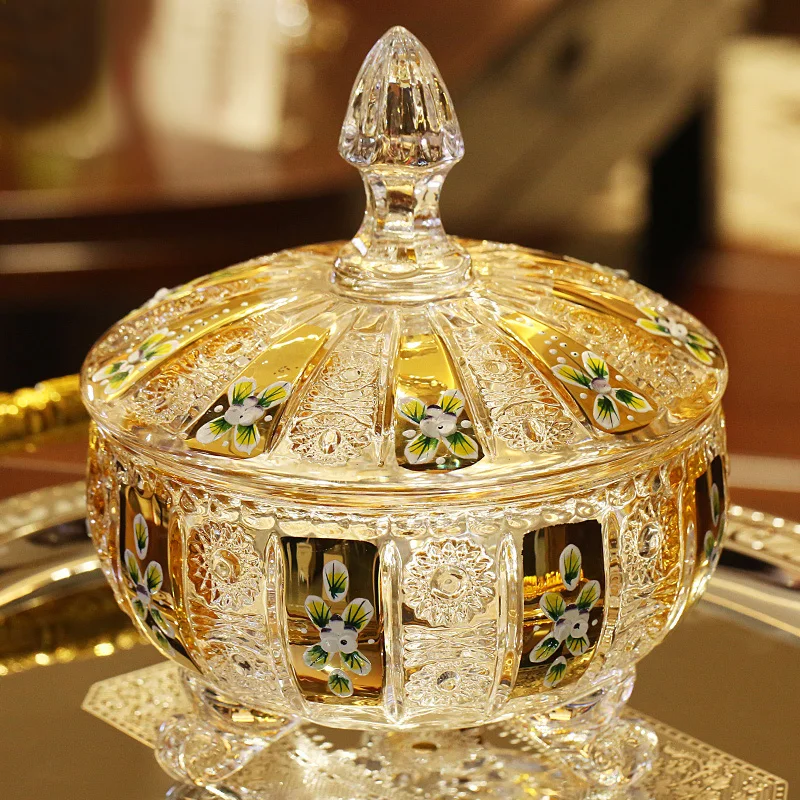 Czech Enamel Gold-Plated Craft Crystal Glass Sugar Bowl Dried Fruit Snack Fruit Bowl Candy Box Fruit Bowl with Lid