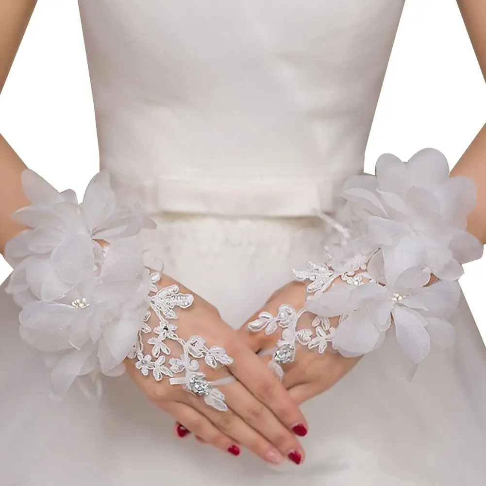 Novia boda corto sin dedos vestido de cortesía floral diamantes de imitación señoras guantes de muñeca nupcial