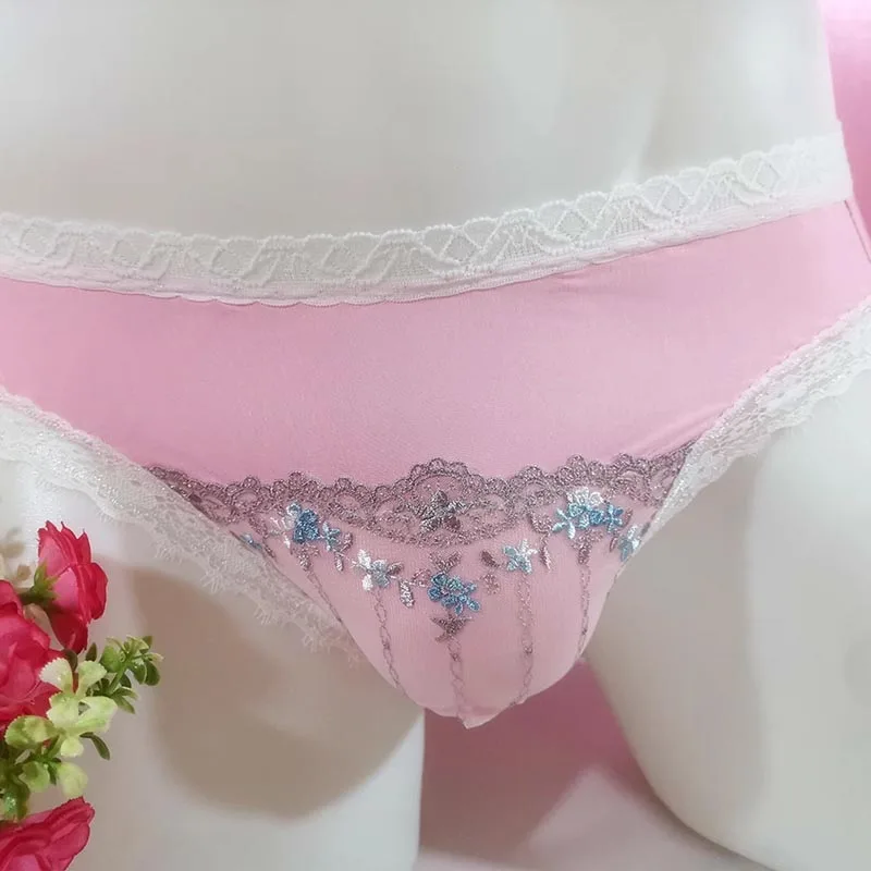 

Men's sexy Pink Soft Modal Lace Briefs Cute Sissy Cross-dressing Flower Embroidery Mesh Tulle See Through Panties BF Party Gifts