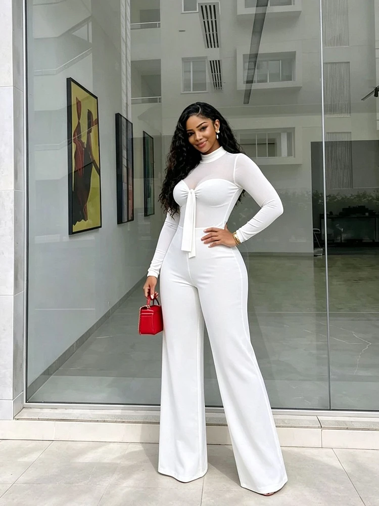 Women Mesh Jumpsuit Long Sleeve V Neck Front High Waist Wide Leg Pant Quiet Luxury Clothing One Piece Ladies Elegant Adult