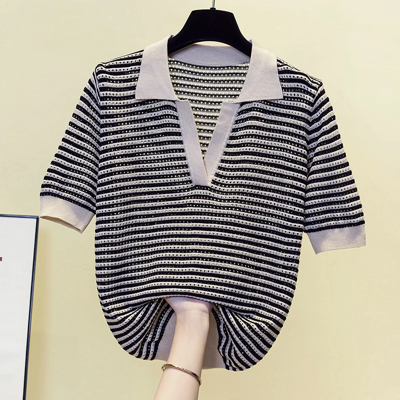 Women\'s Top Striped Sweater Spring Summer New T-shirt Pure Wool Knitted Sweater Loose Thin Pullover Short Sleeve Hollow Trend