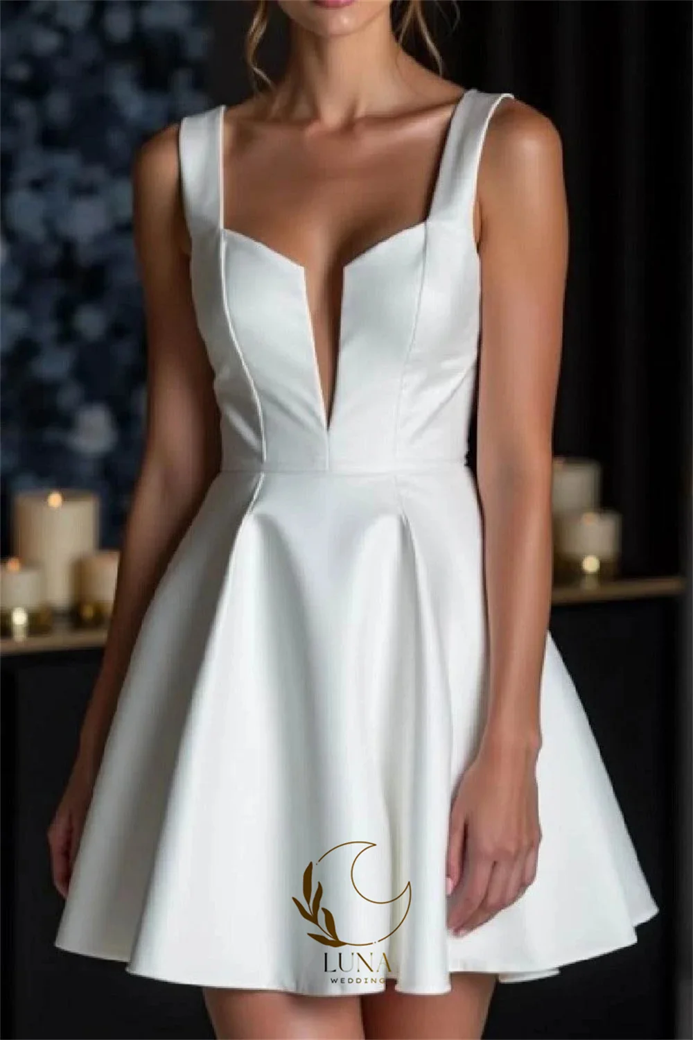 Luna Customized Simple Satin Short A-Line Wedding Dresses Sleeveless V-Neck Backless Pleated Bridal Gown Vestido De Noiva