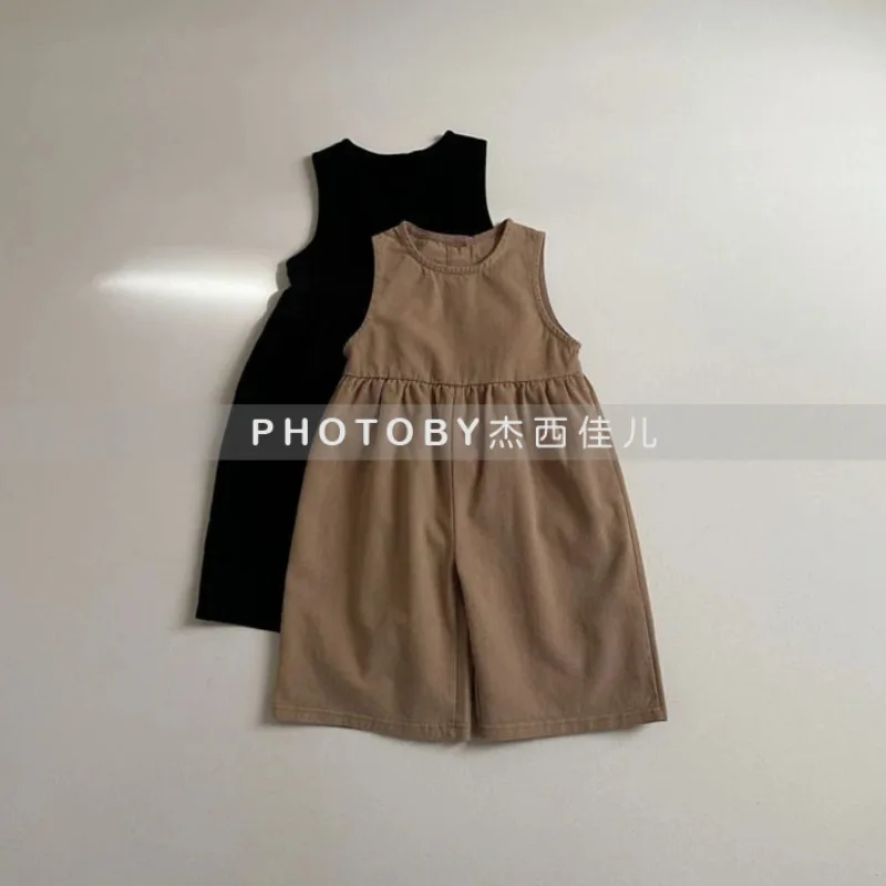 

Girls Sleeveless Jumpsuits 2025 Autumn Spring New Korean Fashionable Simple Solid Color Casual Daily Clothes Kids Playsuits