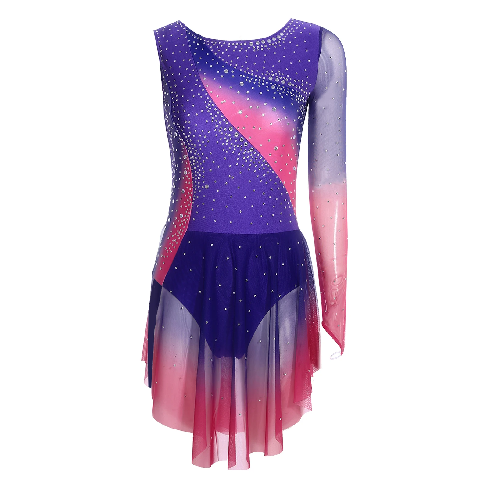 Mulheres gradiente patinação artística collants vestido rítmico ginástica ballet dança trajes strass malha irregular bainha bodysuit