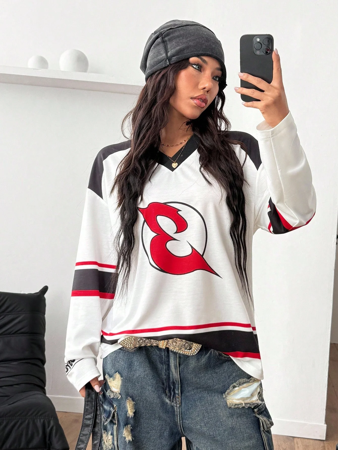 

Women's Fall Casual Sportswear Number Graphics Over Size Long Sleeve Jersey T Shirt Spring Loose Breathable Women Tees Tops