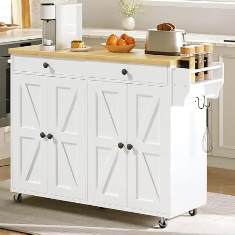 Mobile Kitchen Cart with Charging Station 3 Outlets Tiered Storage Drawers Adjustable Shelves Spice Rack Locking Casters White N