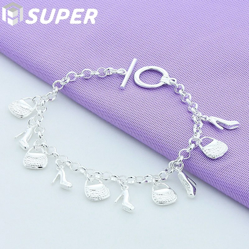 

925 Sterling Silver High Heels Bag Pendant Bracelets For Women Charm Wedding Engagement Jewelry