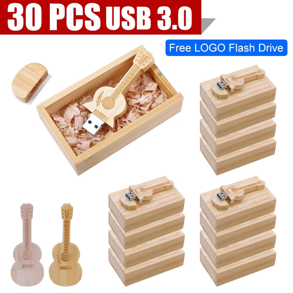 30pcs/lot USB 3.0 Free Logo natural wooden pendrive 8GB16GB32GB music guitar shape usb flash drive 64GB 128GB memory stick gifts