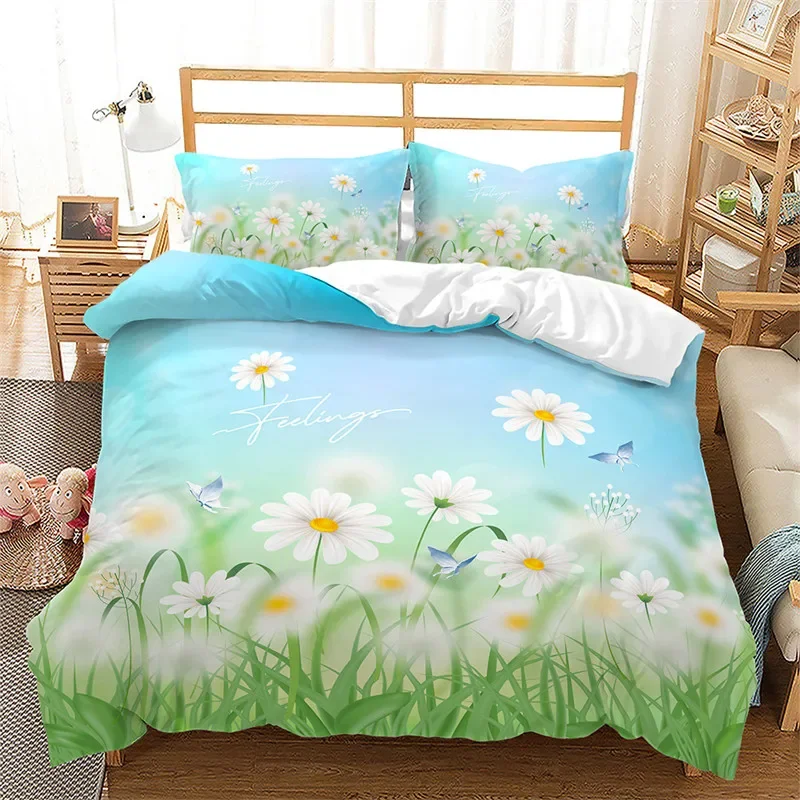 Daisy Flowers Duvet Cover 3D Botanical Floral Bedding Set Lavender Comforter Cover Full King For Kids Teen Adults Bedroom Decor