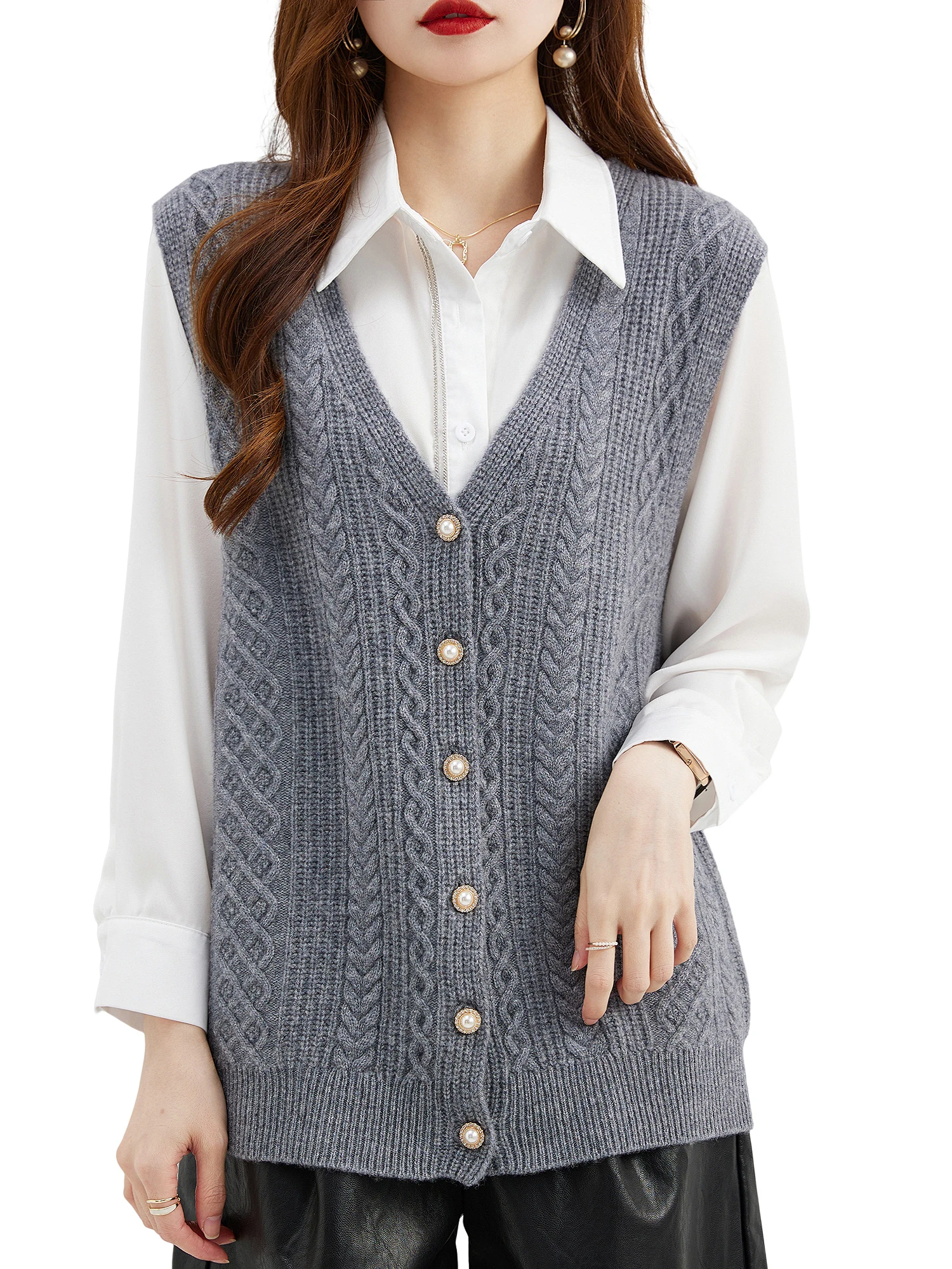 Women's Sweater Vest 100% Merino Wool Fall Winter V Neck Button Sleeveless Jerseys Knitted Cardigan Vest Vintage Female Clothing