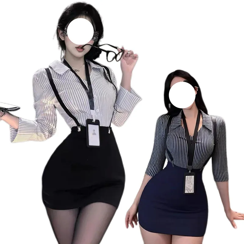 

Sexy Female Secretary Hip Wrap Skirt Uniform Teacher Girl Passion Striped Shirt Top High Waist Shoulder Strap Short Skirt Suit