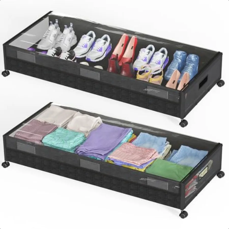 Large Under Bed Storage with Wheels Metal Under Bed Storage Containers with Clear Lid Handle Rolling Under Bed Shoe Storage Dra