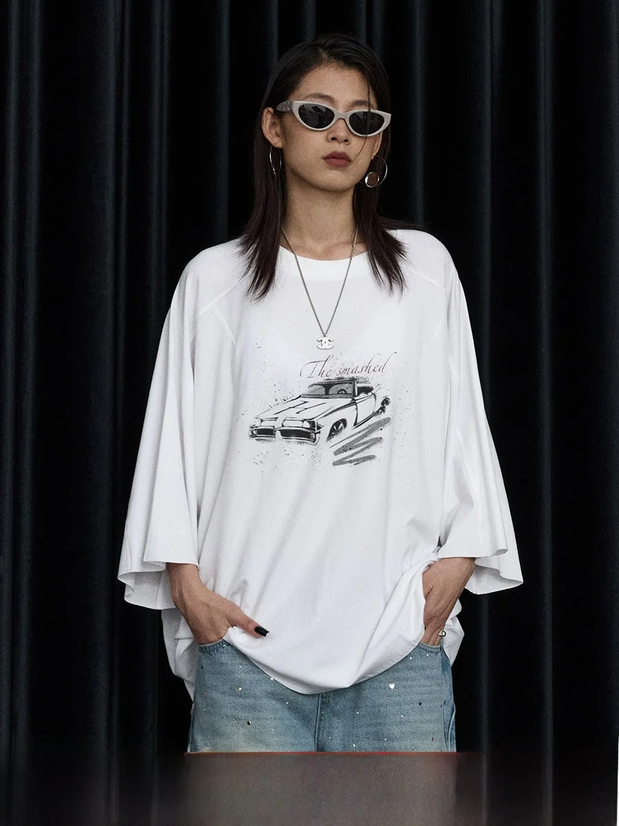 

Ourhour Vintage Car Print Loose Seven-Five Sve T-irt Women's Autumn Design Sense White Bla Frayed Hem Top