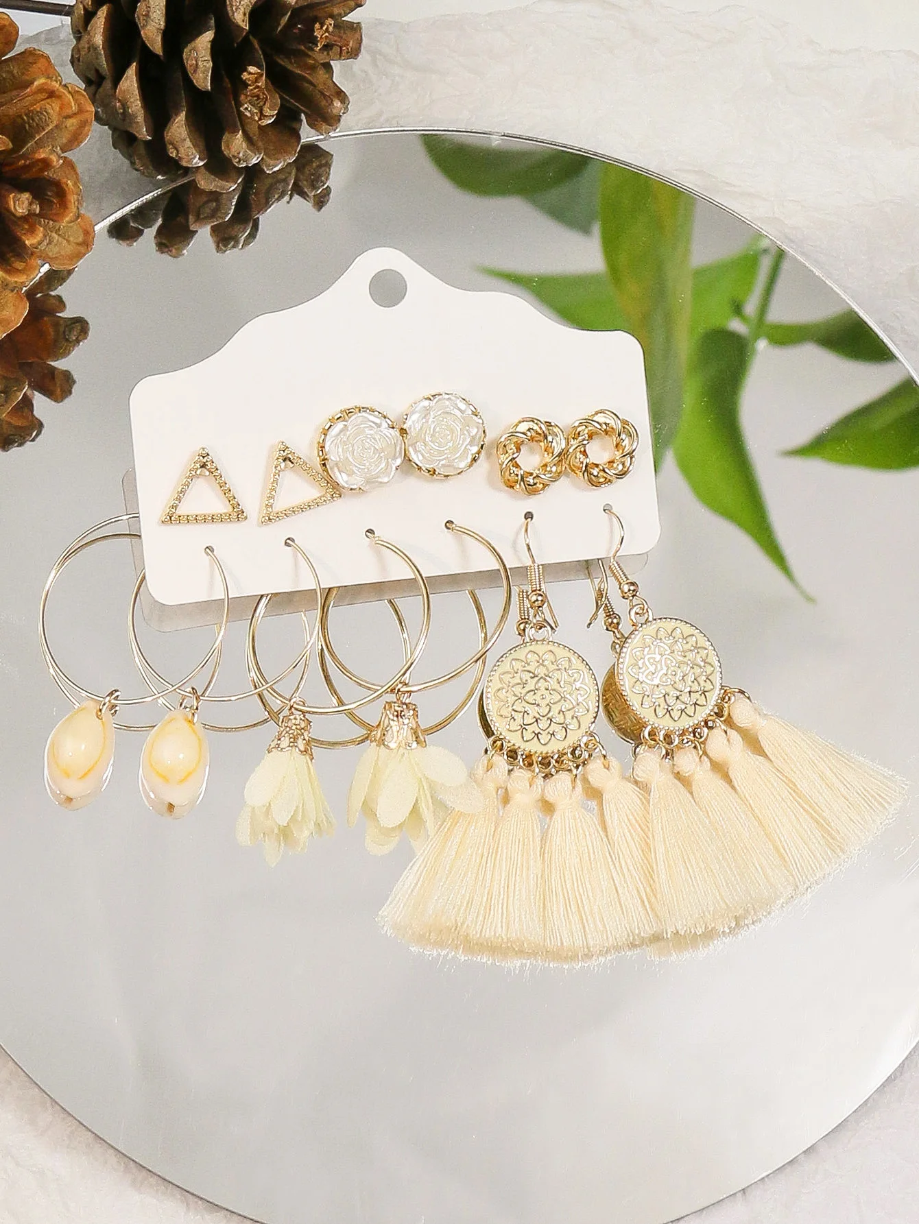 Trendy Versatile Golden Circle Fashionable White Tassel Shell Earrings&Earstuds Combination For Women to Wear Little Fresh