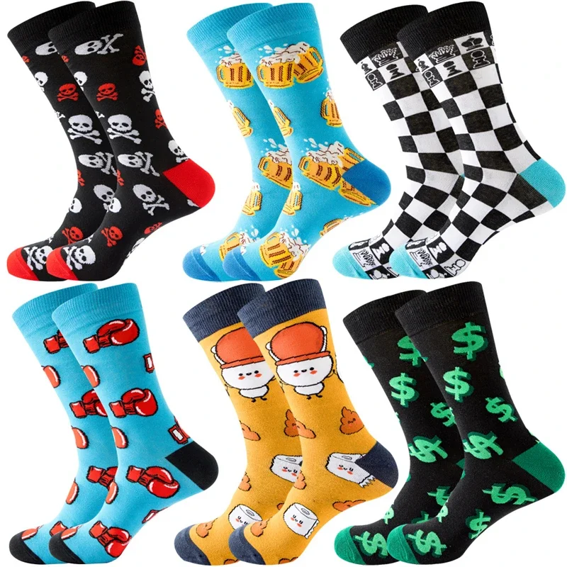 1 Pair 2025 New Men's Socks Boxing Dollars Chess Boards Animal Novelty Cartoon Cotton Women Street Sock Big Size Long Socks