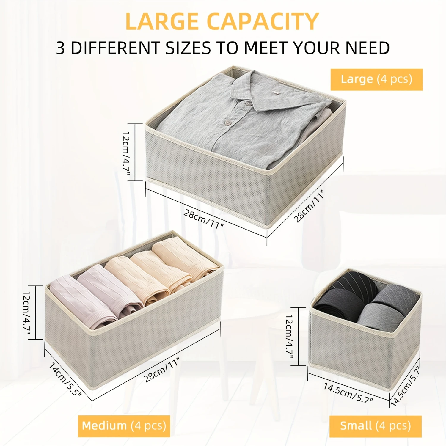 12-Piece Foldable Drawer Organizers For Clothes, Underwear & Accessories - Nylon Rectangular  Bins For Wardrobe Organization