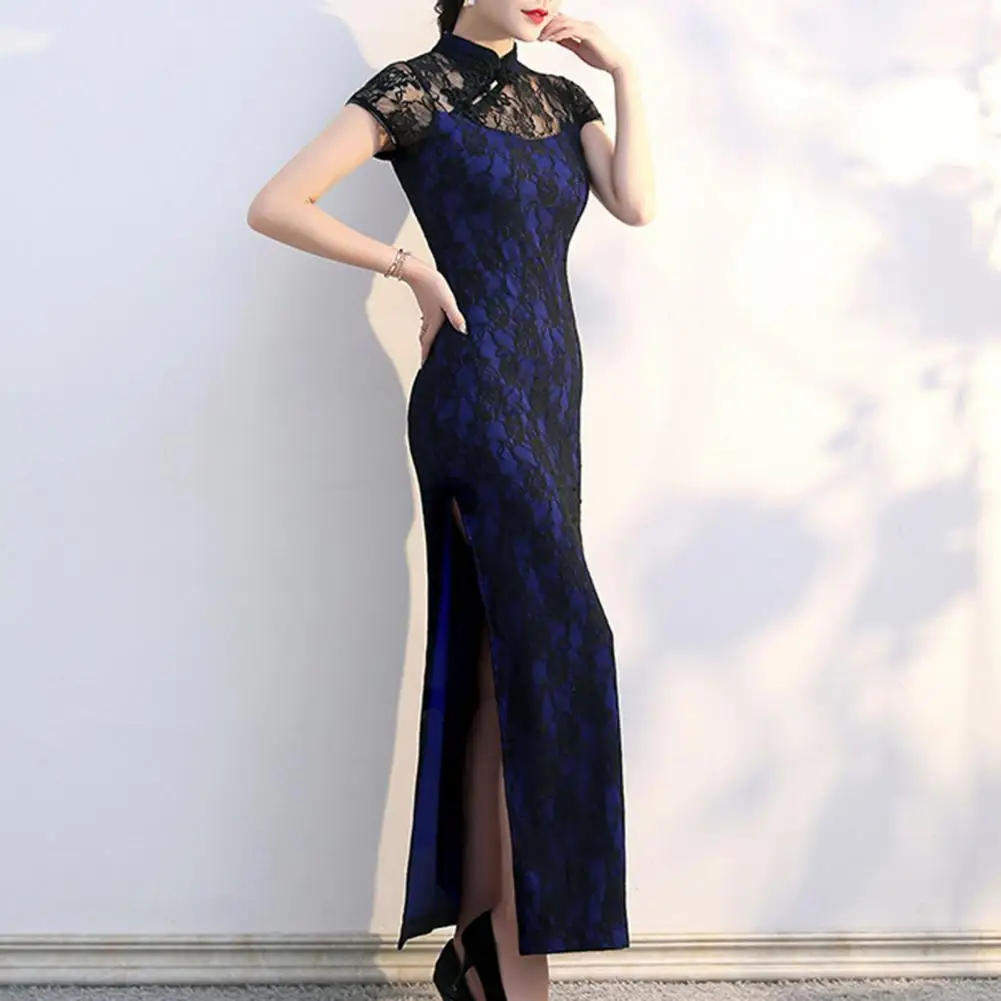 

Elegant Brocade Satin Long Fork Cheongsam Chinese Classic Women's Qipao Short Sleeve Sexy Wedding Evening Party Dress Chinese