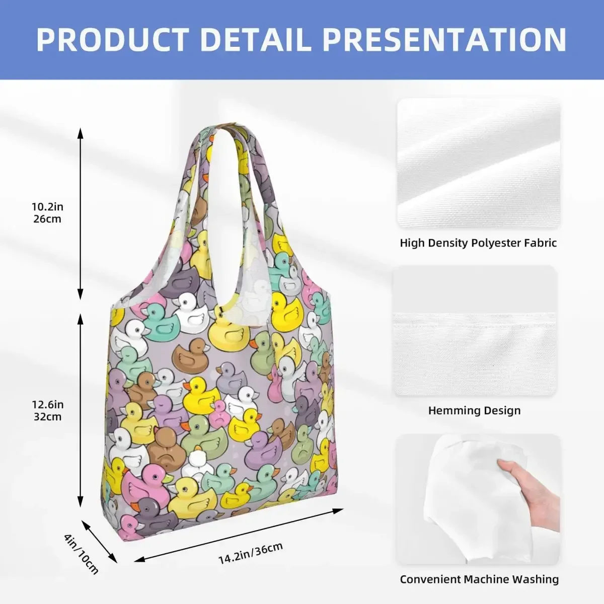 Bolso de mano para compras de comestibles con patos de bebé coloridos personalizados, bolsos de hombro de lona personalizados para mujer, bolsos de gran capacidad