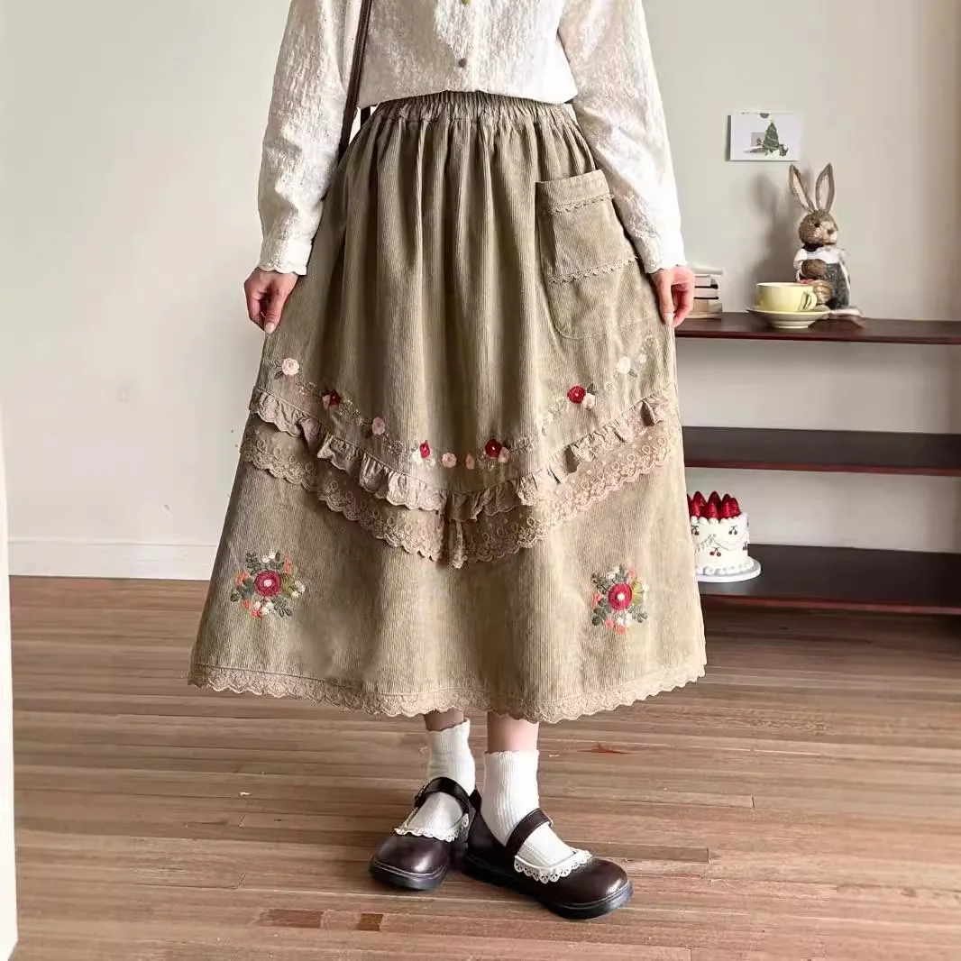 Mori Girls Retro haftowane koronkowe długie spódnice dla kobiet w pasie sztruksowa długa spódnica śliczna słodka artystyczna spódnica trapezowa