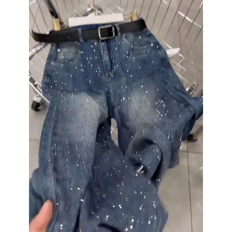 

Women's High-Waisted Rhinestone Wide-Leg Jeans Loose Floor-Length Pants
