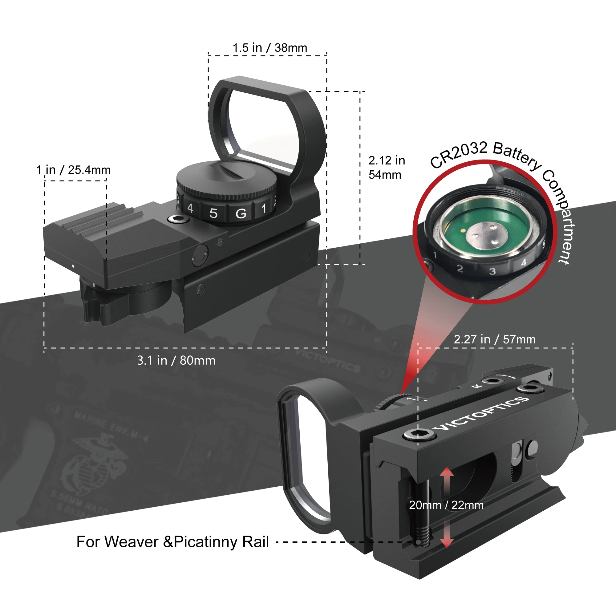 Imagem -06 - Vicoptics-red Dot Scope Hunting Riflescope Weaver Reflex Collimator Sight 1x23x34 21 mm 20 mm Airsoft 223