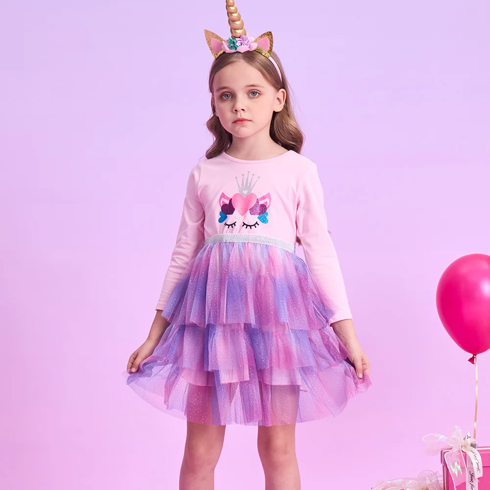 Mädchen Langarm Rosa Lila Einhorn Cartoon Kleid Kinder Farbverlauf Geschichteten Tüll Rock Glitter Krone Prinzessin Party Casual Kleid – Detail 4