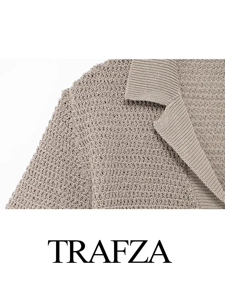 TRAFZA Women 2 Piece Set Knitted Hollow Single-Breasted Lapel Loose Solid Cardigan Top+Chic Elastic Waist Casual Wide Leg Pants