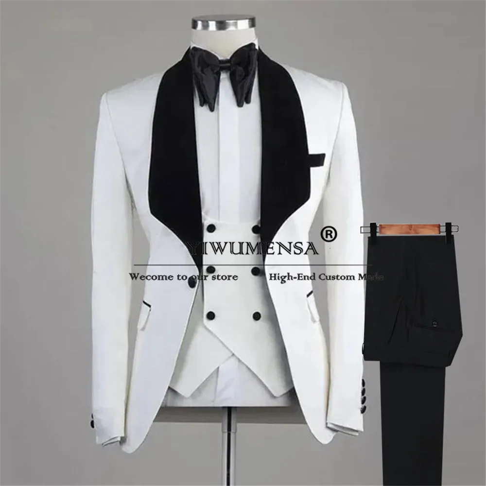 Classic Suits Men Skinny Black Velvet Shawl Lapel Blazer Vest Pants Groom Wedding Tuxedos Business Office Jacket Customized 2025