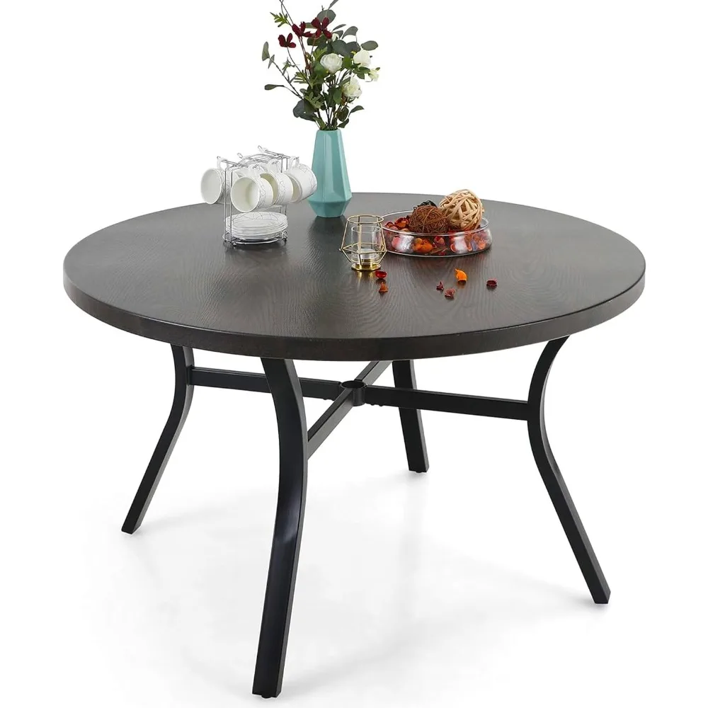 

44 Inch Large Metal Round Dining Table Wood-Like Top Patio Dining Table Backyard Bistro Umbrella Table Outdoor Furniture Garden