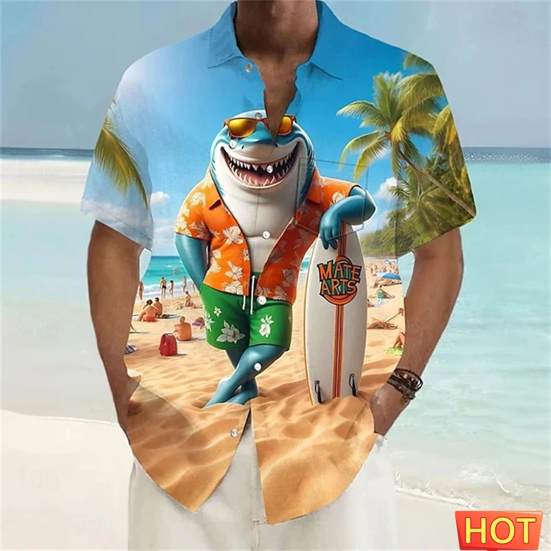 

Мужская гавайская рубашка с 3D-принтом: крутой мультяшный акула в солнцезащитных очках, повседневная рубашка с коротким рукавом на пуговицах, забавная блузка с животными