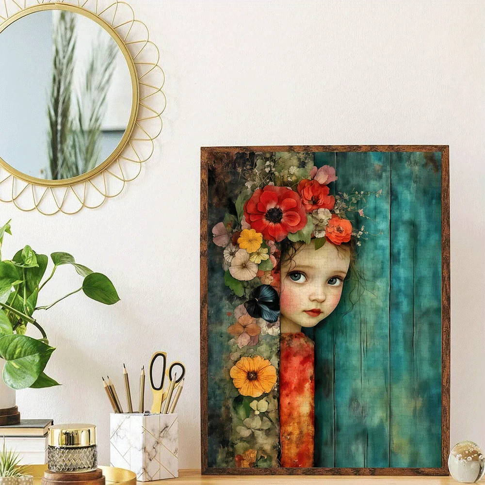 จิ๊กซอว์ภาพเด็กหญิงดอกไม้แอบมองผ่านช่องไม้ 1000 ชิ้น - สีสันสดใส ปริศนาท้าทายสมองสำหรับผู้ใหญ่และครอบครัว งาน DIY